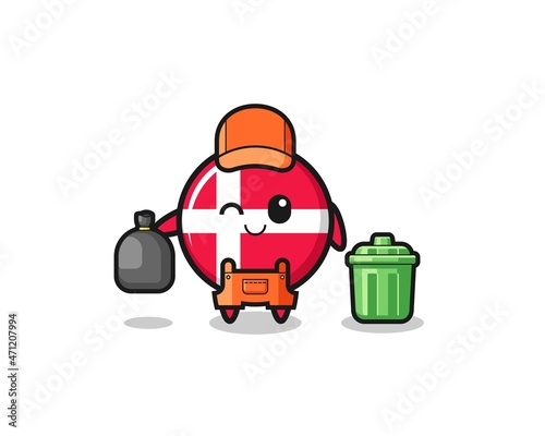 the mascot of cute denmark flag as garbage collector
