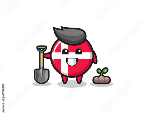 cute denmark flag cartoon is planting a tree seed