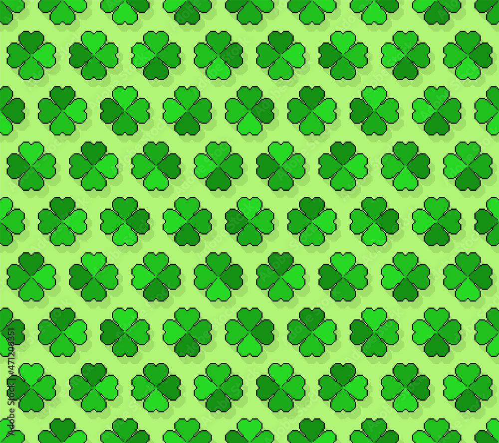Shamrock pixel art pattern seamless. 8 bit Clover background. pixelated St.Patrick 's Day Irish holiday backdrop