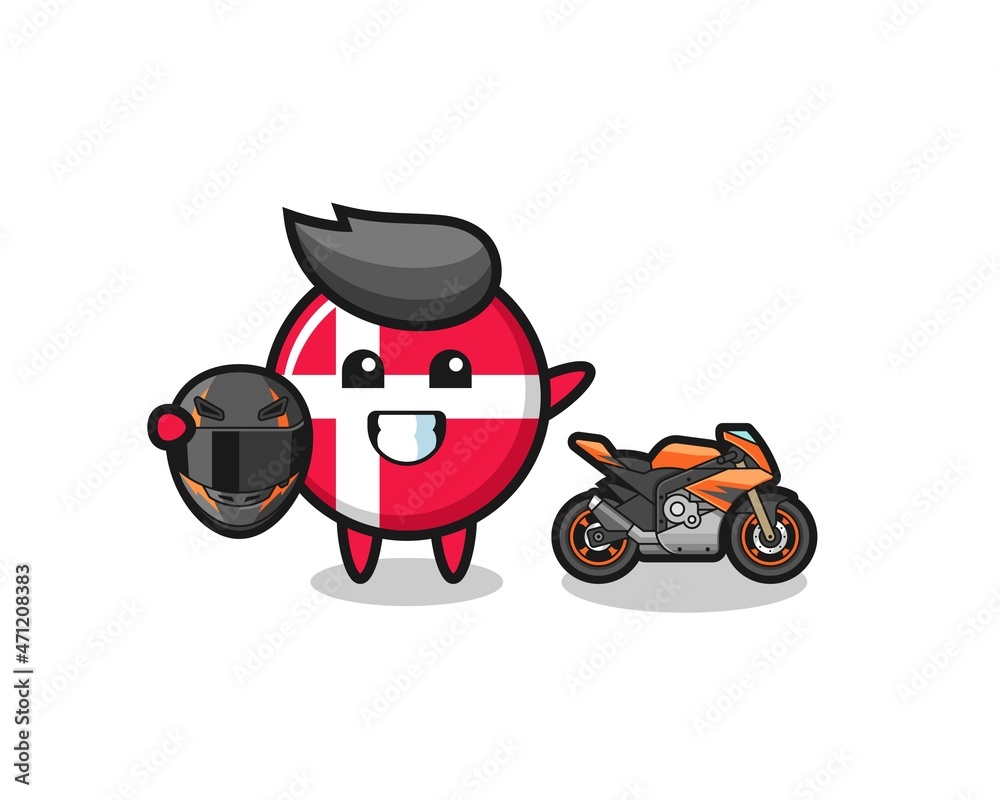 cute denmark flag cartoon as a motorcycle racer