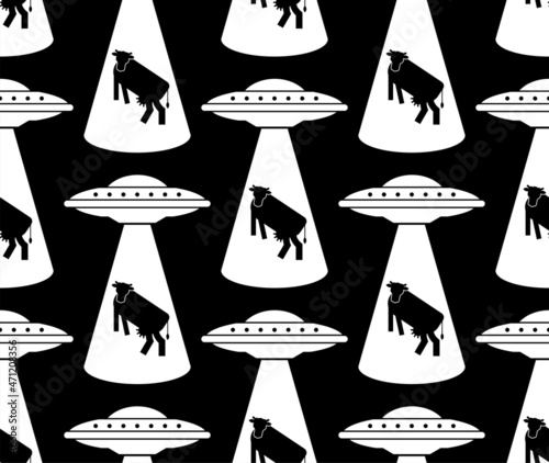 Ufo and cow pattern seamless. Alien flying saucer and cows background. Concept of extraterrestrial civilizations and Experiments on another planet