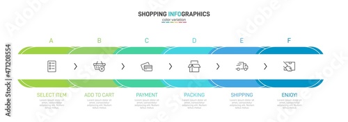 Concept of shopping process with 6 successive steps. Six colorful graphic elements. Timeline design for brochure, presentation, web site. Infographic design layout.