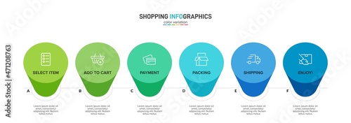 Concept of shopping process with 6 successive steps. Six colorful graphic elements. Timeline design for brochure, presentation, web site. Infographic design layout.