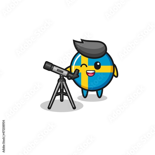 sweden flag astronomer mascot with a modern telescope