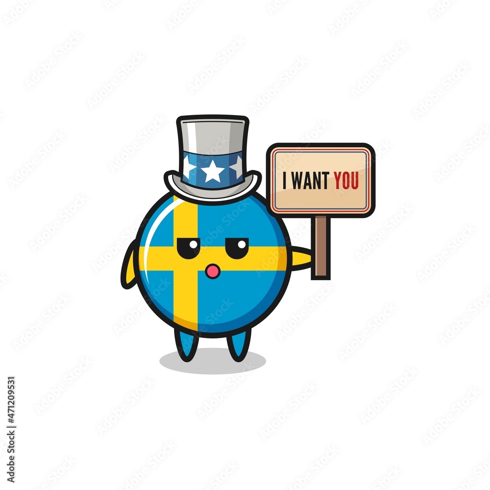 sweden flag cartoon as uncle Sam holding the banner I want you