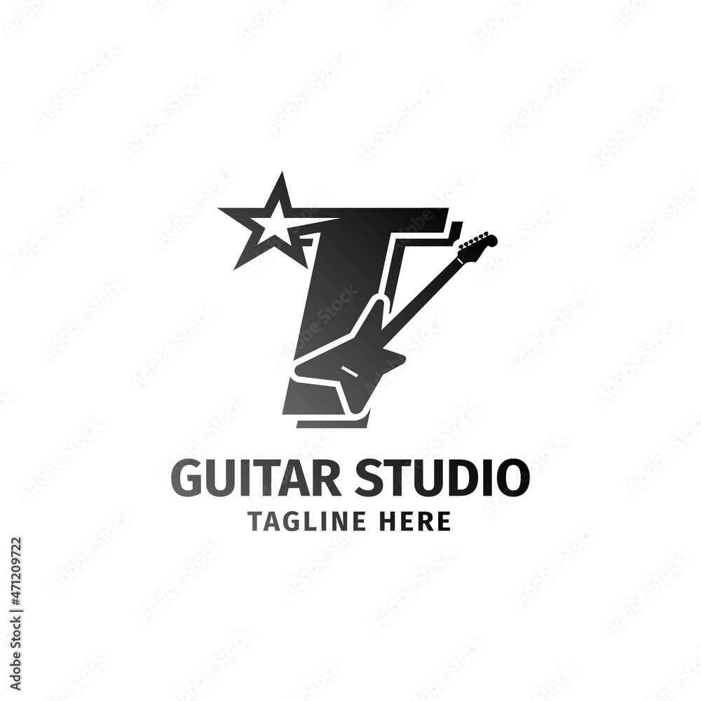 letter T electric guitar and star decoration vector logo design element