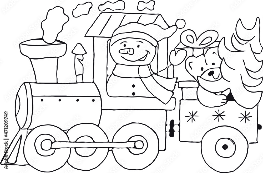 Cute snowman and bear riding Christmas train. Winter holiday clip art. Train carrying presents and christmas tree. Flat vector illustration.