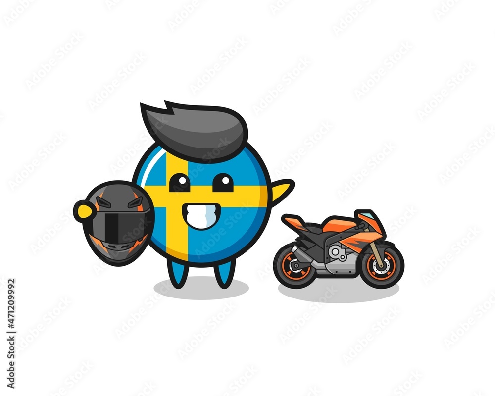 cute sweden flag cartoon as a motorcycle racer