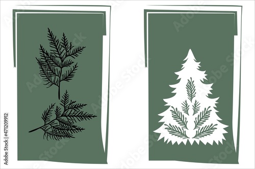 Set of windy winter simple cards from fir branches, decorative background