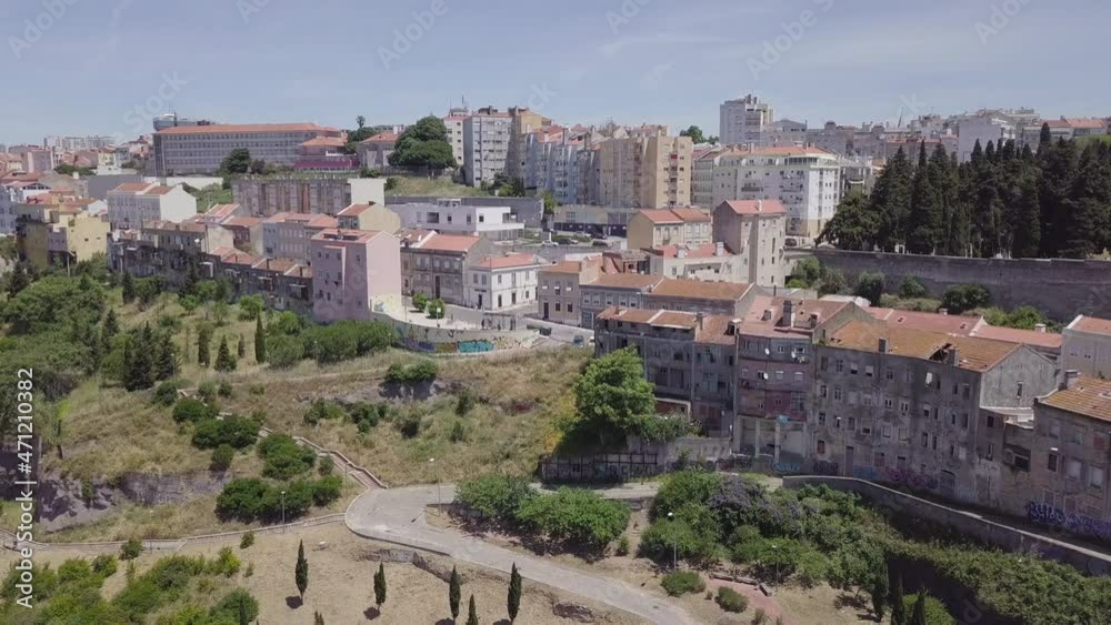 Casal Ventoso in Lisbon Portugal drone shot. Aerial tracking movement from left to right. Casal Ventoso in Lisbon Portugal drone shot. Aerial tracking movement from left to right.