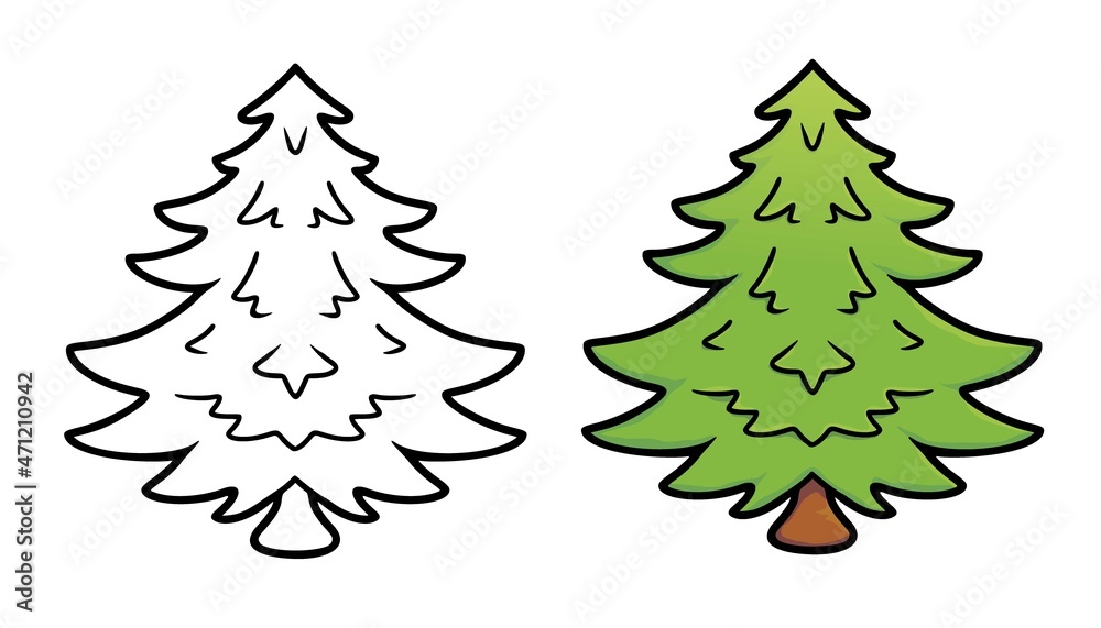 Vector illustration of cute spruce tree on the white background. Black outline cartoon design. For coloring book, children game, education activity, drawing pastime, preschool painting task.