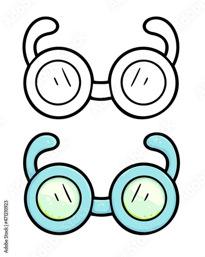 Vector illustration of cute blue color glasses on the white background. Black outline cartoon design. For coloring book, children game, education activity, drawing pastime, preschool painting task.