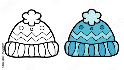 Vector illustration of cute winter hat on the white background. Black outline cartoon design. For coloring book, children game, education activity, drawing pastime, preschool painting task.