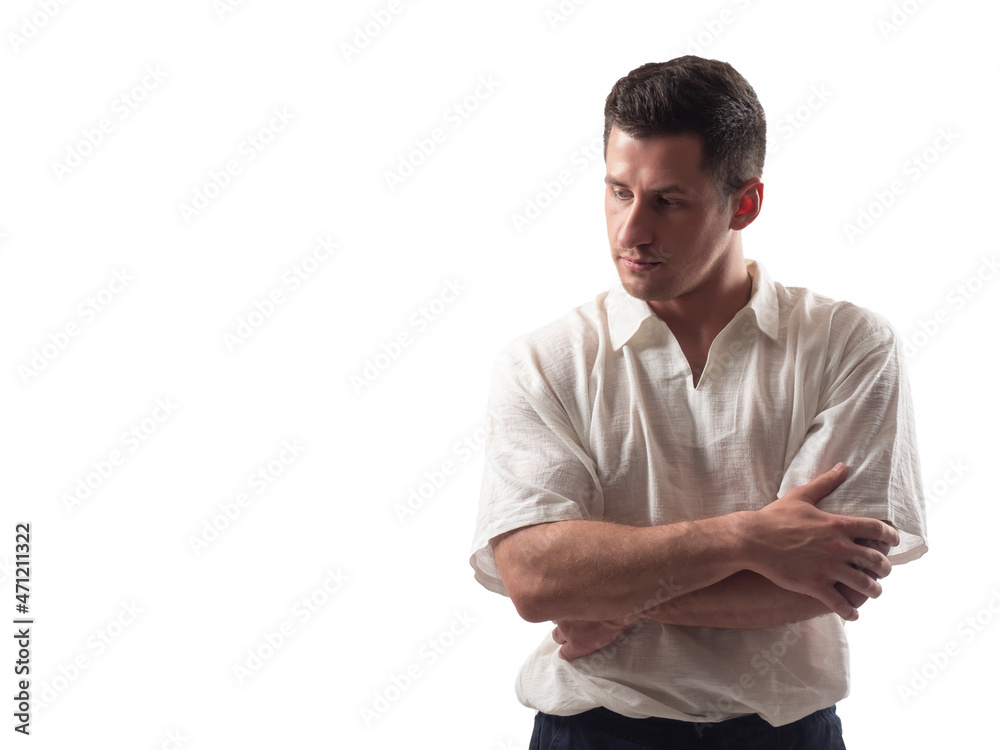 Man thinking on a white background. Portrait of man thinking in casual shirt. Businessman thinking. Young businessman is worried about something. Place for inscription next to businessman. Man thinking on a white background. Portrait of man thinking in casual shirt. Businessman thinking. Young businessman is worried about something. Place for inscription next to businessman.