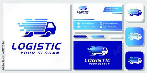 Car Box Truck Logistic Courier Delivery Shipping Express Cargo Logo Design with Business Card Template