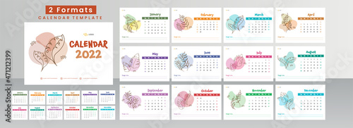 2 Formats Complete Set Of 2022 Yearly Calendar Design With Watercolor Effect And Linear Leaves.