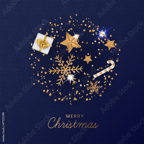 Golden Merry Christmas Font With Stars  Candy Cane  Gift Box And Square Glittering On Blue Snowflake Pattern Background.