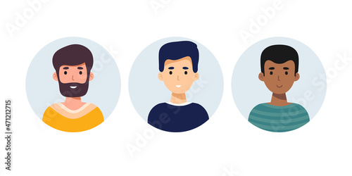 set of Man face emotive icon. Smiling male characters. flat vector. illustration isolated on white. man with beard, american african male . Positive emotions user avatar. For app, web design