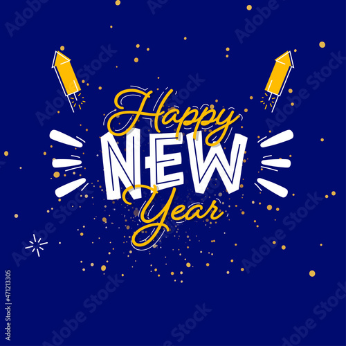 Happy New Year Font With Fireworks Rockets And Golden Particles On Blue Background.
