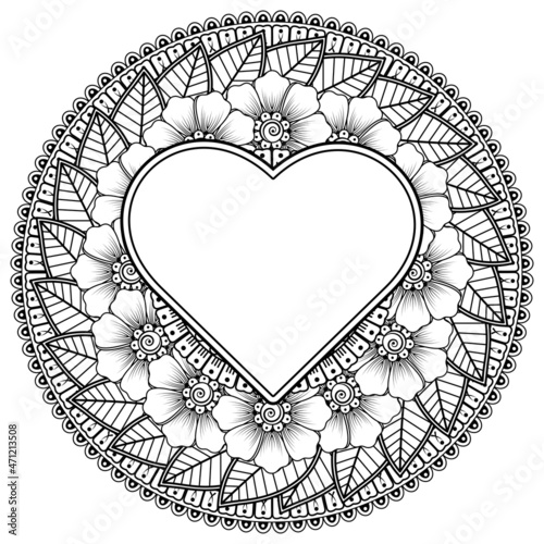 Mehndi flower with frame in shape of heart. decoration in ethnic oriental, doodle ornament.