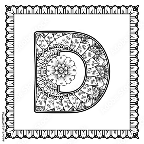 Letter D made of flowers in mehndi style. coloring book page. outline hand-draw vector illustration.