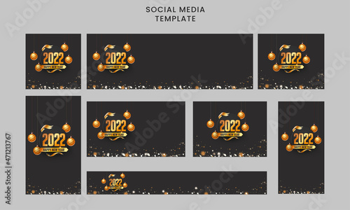 Canvas Print Social Media Template And Header Set With Golden 2022 Font, 3D Baubles Hang On Black Bokeh Background