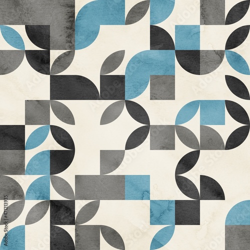Seamless mid century retro watercolor geometric surface pattern design for print. High quality illustration. Aesthetic watercolor paint contemporary pastel collage composition. Subtle elegant design.