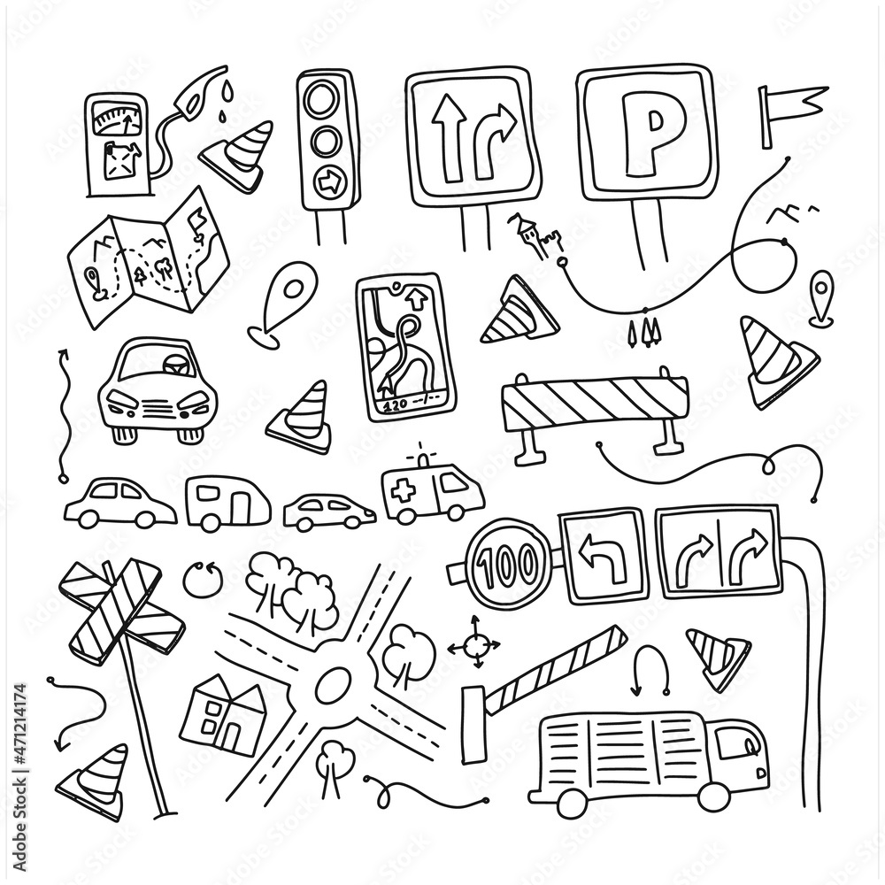 Traffic doodle set. Transport organization in the city elements. Road traffic signs. Traffic doodle set. Transport organization in the city elements. Road traffic signs.
