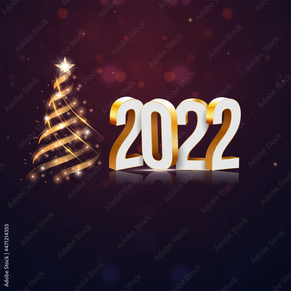 3D 2022 Number With Xmas Tree Made By Golden Wave, Light Effect On Abstract Bokeh Background.