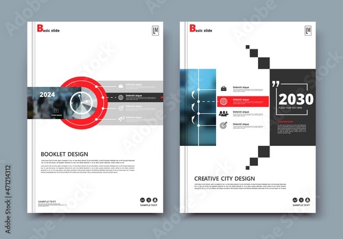 Abstract a4 brochure cover design. Ad text frame. Urban city view font. Title sheet model. Modern vector front page. Brand logo. Banner texture. Black, white ring figure, red line icon. Flyer fiber