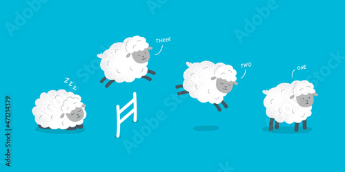 Count sheep before bed. Good night concept. Cute sheep are jumping over the fence. Vector flat illustration. photo