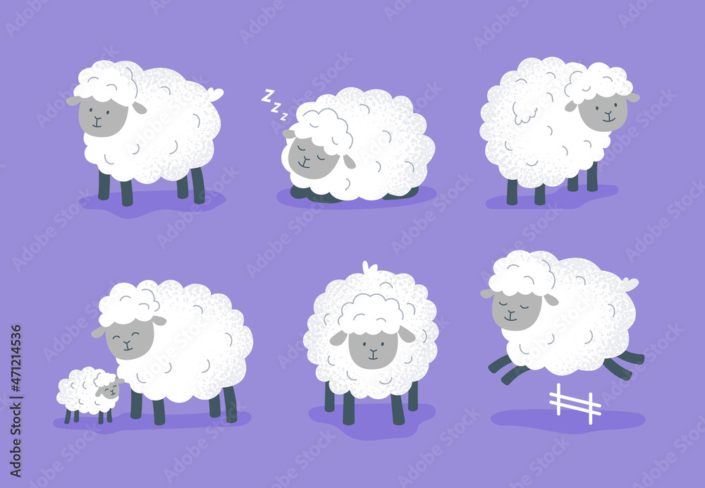 Fototapeta premium Set of cartoon sheep. Funny animals. Cute sheep stand, jump, and sleep. Vector flat illustrations.