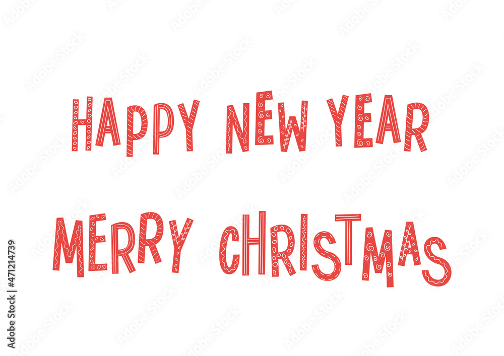 Patterned greeting text Happy New Year and Merry Christmas with linear ornament. Isolated phrase for banners, stickers, gifts, labels, tags. Red words with white pattern. Vector illustration