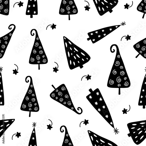 seamless pattern with christmas hats. Seamless pattern of Christmas trees. Merry Christmas. Vector illustration, hand drawing