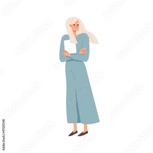 Tensed woman in stress, standing with arms crossed. Anxious nervous person po...