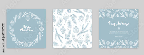 Merry Christmas artistic templates. Corporate Holiday cards and invitations. Floral frames and backgrounds design.