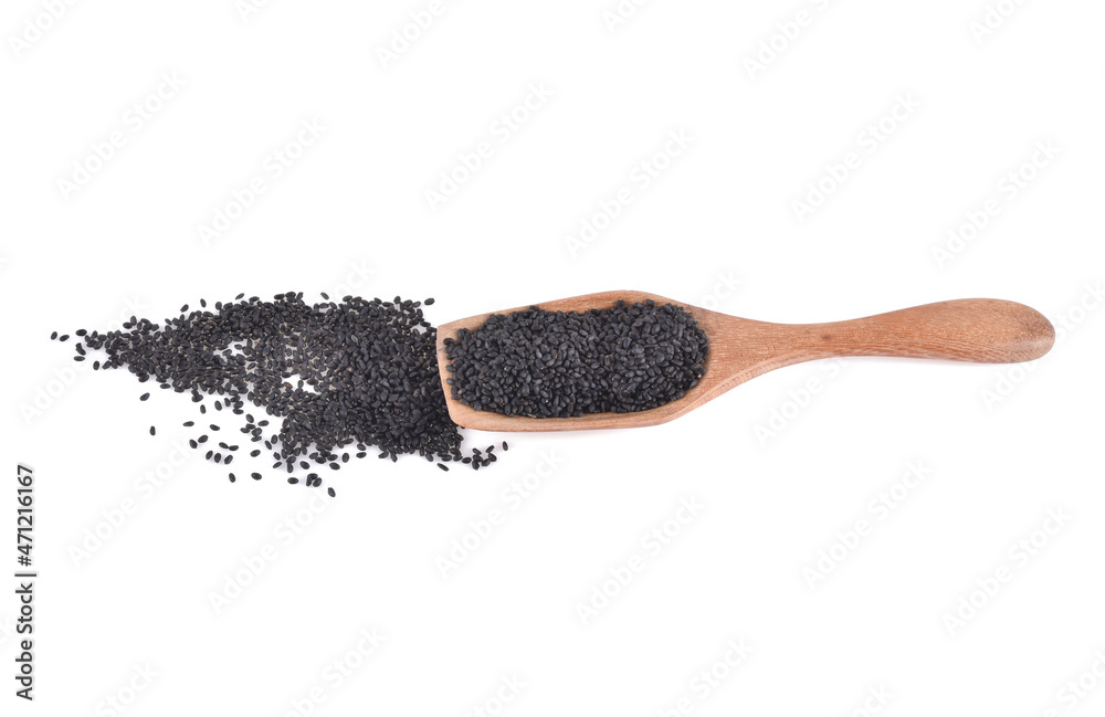 Basil seeds or Hairy, Sabja in wooden spoon isolated on white background. - obrazy, fototapety, plakaty 