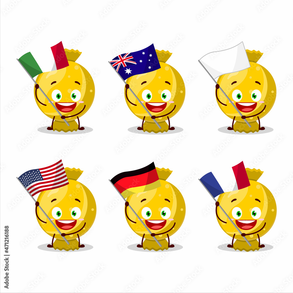 Yellow candy wrap cartoon character bring the flags of various countries Yellow candy wrap cartoon character bring the flags of various countries