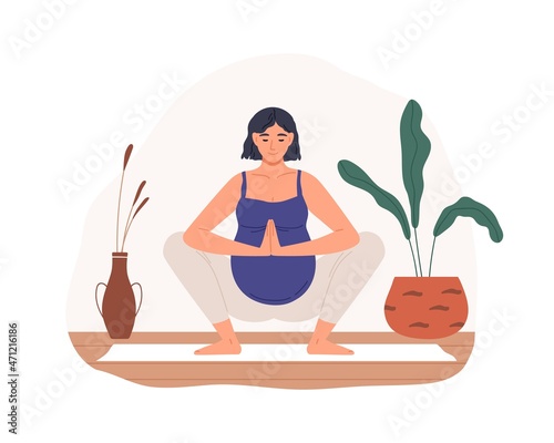 Pregnant woman exercising prenatal yoga. Mother with belly in Garland Pose, doing squat during pregnancy. Physical training for moms. Colored flat vector illustration isolated on white background