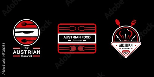 Austrian Food Restaurant Logo. Austria flag symbol with spoon, knife, and fork icon. Premium and luxury logo vector