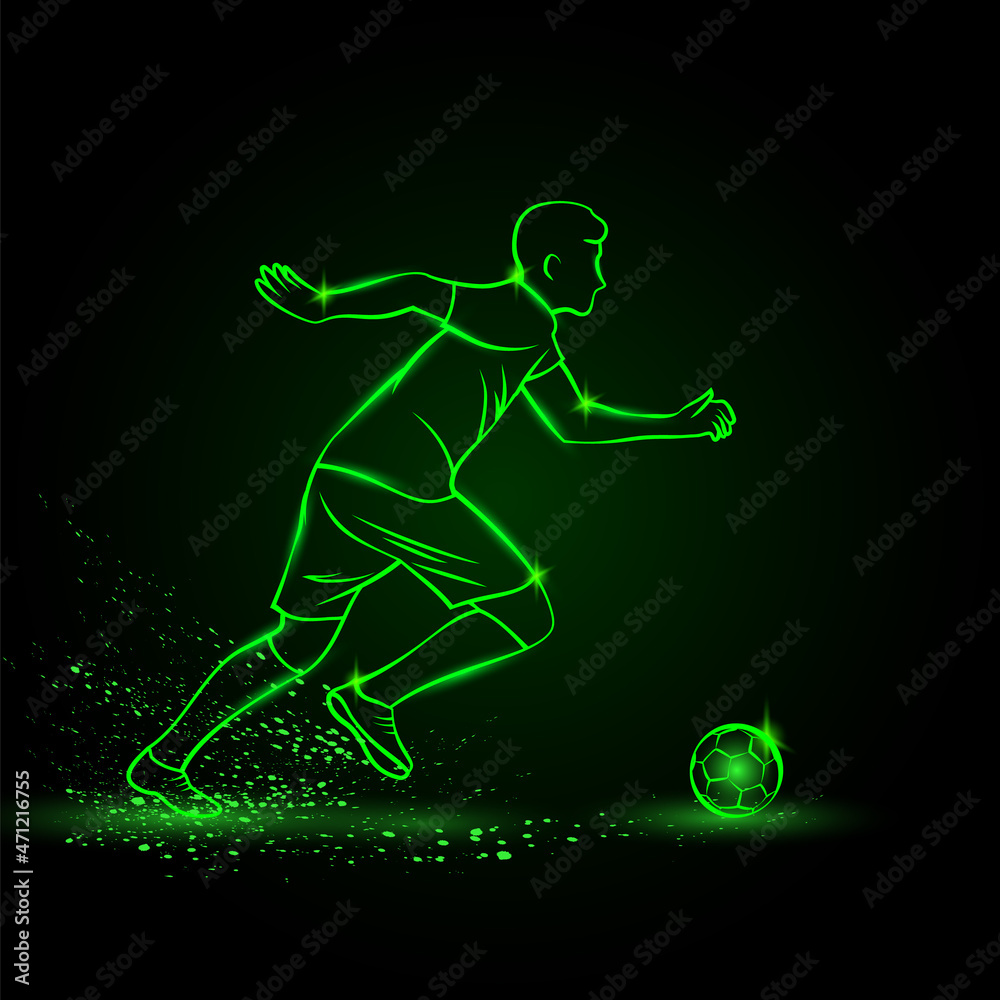 Soccer player dribbling with ball, side view. Vector Football sport green neon illustration.