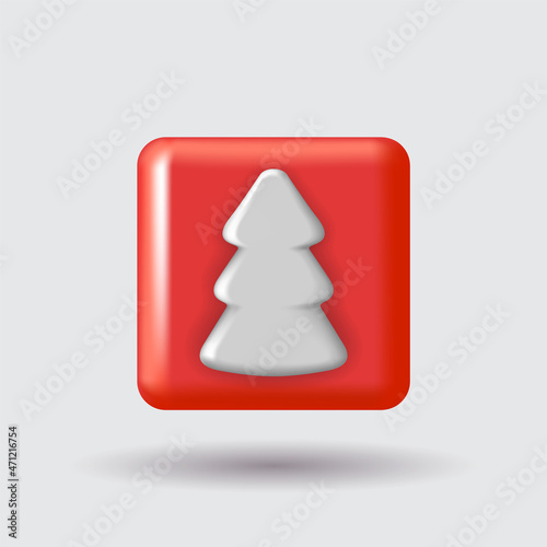 Christmas tree icon. Red plastic 3d realistic icon with fir tree.
