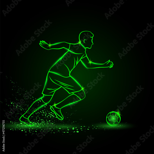 Soccer player dribbling with ball, side view. Vector Football sport green neon illustration.