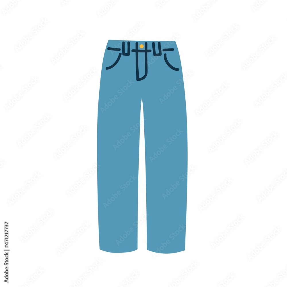 Fashion jeans trousers. Modern pants from denim. Cotton clothes. Casual women apparel with button and pockets. Trendy stylish garment item. Flat vector illustration isolated on white background Fashion jeans trousers. Modern pants from denim. Cotton clothes. Casual women apparel with button and pockets. Trendy stylish garment item. Flat vector illustration isolated on white background