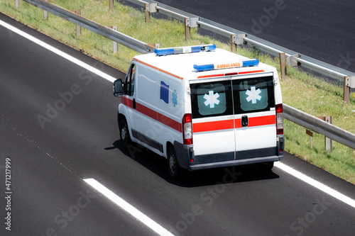Ambulance. Special medical vehicles. Ambulance van on road. Ambulance service van on street. Ambulances drive on the new highway. 