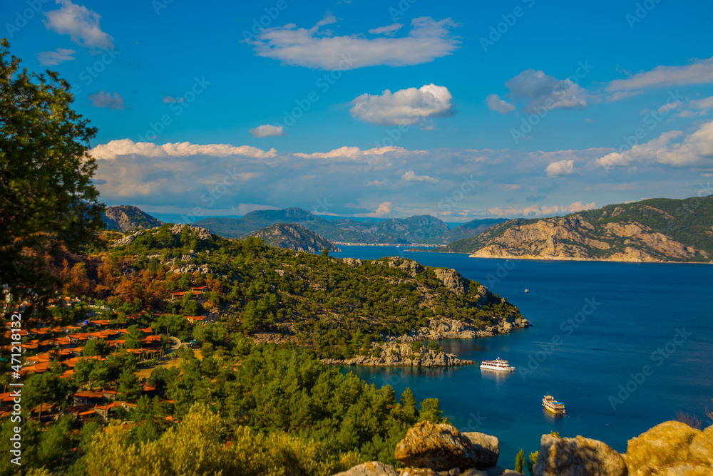 MARMARIS, TURKEY: Top view of the bay and Marmaris from the ruins of the ancient city of Amos.