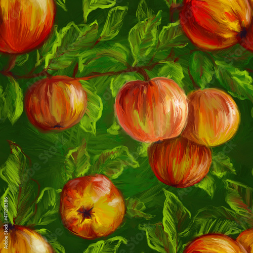 Seamless pattern. Red apples on a green background.