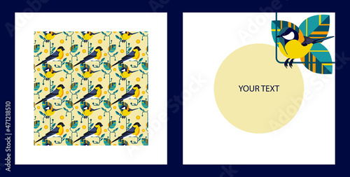 set animalistic Template. Modern geometric abstract floral style.  illustration on a floral motive. the beginning of spring. Flowers, plants, birds, lines, simple shapes. Perfect for a poster, cover