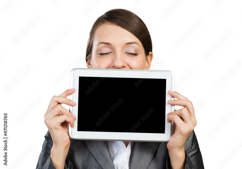 Businesswoman holding tablet computer layout Businesswoman holding tablet computer layout