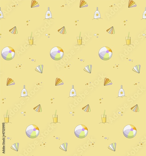 A cute cartoon seamless pattern about relaxing on the beach. Seashells, sunscreens, drink glasses and bouncy balls are evenly spaced against a yellow sandy background. Sunny vector illustration